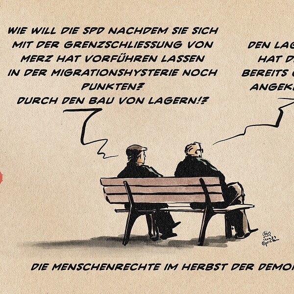 Karikatur mit zwei Männern auf Bank, politische Diskussion über Lagerbau und Menschenrechte.