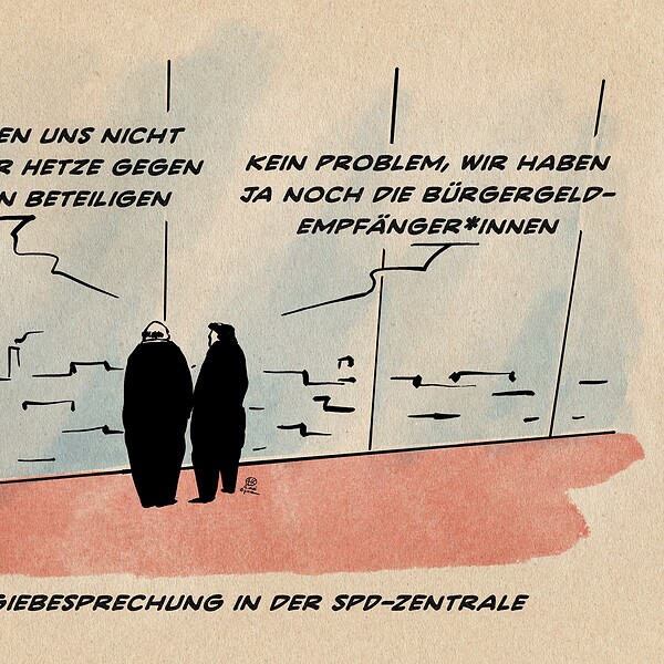Karikatur zeigt zwei Personen bei Strategiegespräch in der SPD-Zentrale.