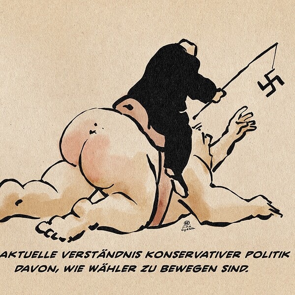 Satirische Karikatur zeigt eine Figur mit Hakenkreuz-Flagge auf dem Rücken.