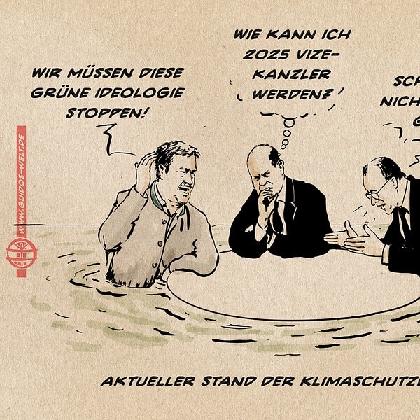 Karikatur mit Politikern im Wasser, diskutieren über Klimaschutz und Ideologie.