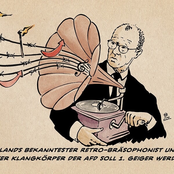Retro-Bräsophonist mit Grammophon und Schallplatten, humorvolle Illustration.