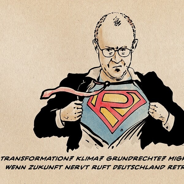 Retroman öffnet sein Hemd wie Superman mit Superman-Logo.