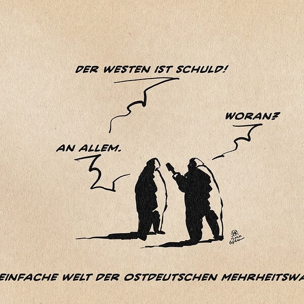 Karikatur mit zwei Figuren, die über Ostdeutschland sprechen.