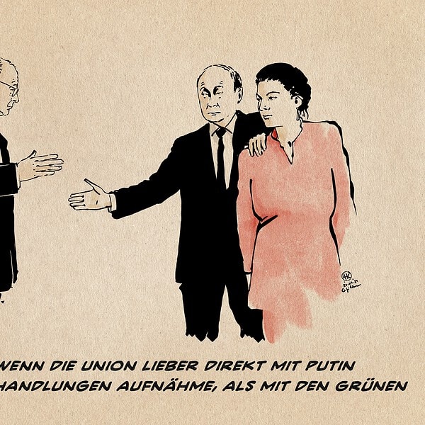 Karikatur mit Politikern bei Koalitionsverhandlungen in Moskau.