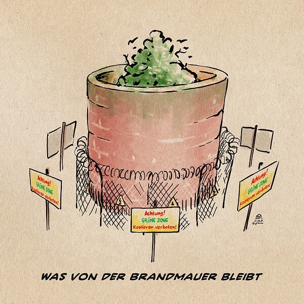 Kunstzeichnung eines brennenden Brandmauer mit Warnschildern.