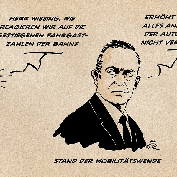 Karikatur eines Mannes mit kritischem Blick, symbolisiert die Mobilitätswende.
