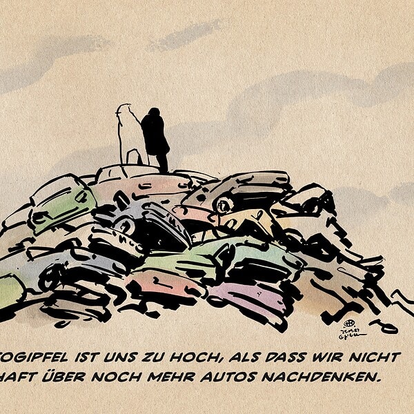 Künstlerische Illustration eines Berges aus Autos mit einer Person oben.