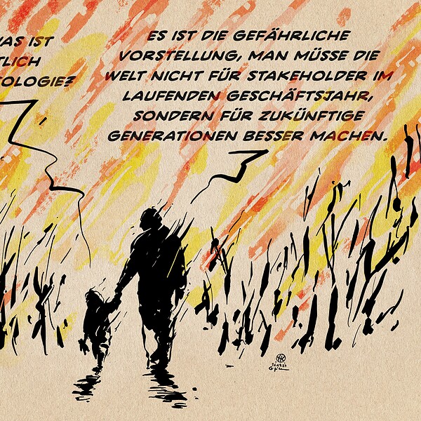 Eltern und Kind im brennenden Wald, kritische Darstellung grüner Ideologie.