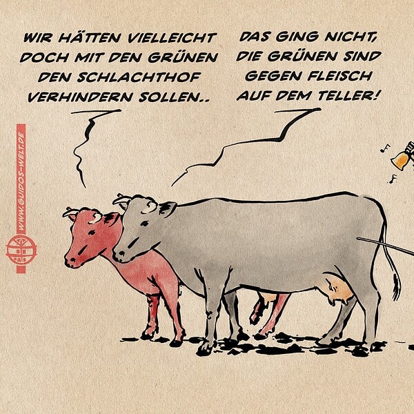 Karikatur mit Kühen und einem Priester, humorvoller Kommentar zu Fleisch und Vegetarismus.