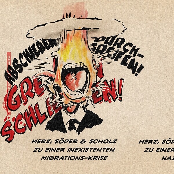 Karikatur eines schreienden Mannes mit Feuer im Kopf, Protestschriftzüge.