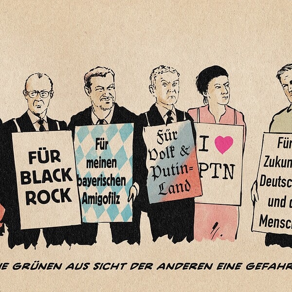 Politiker halten Schilder mit politischen Botschaften gegen die Grünen.