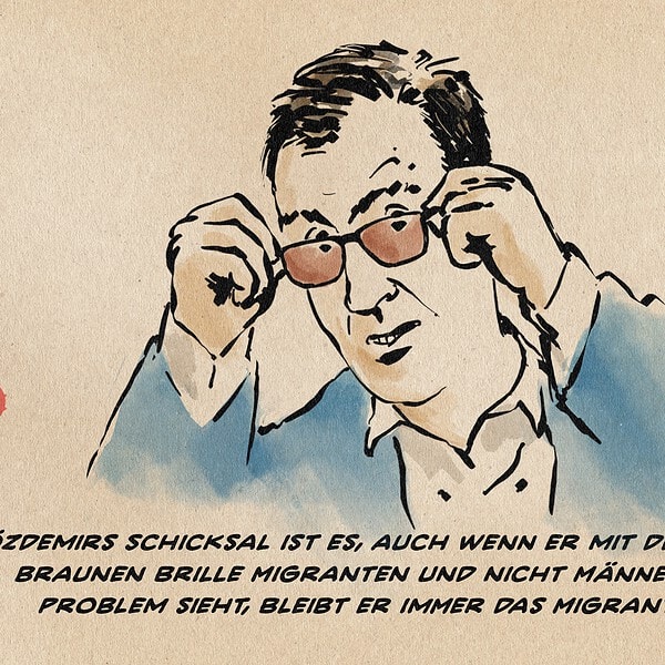 Karikatur eines Mannes mit Brille, der die Brille abnimmt, um besser zu sehen.