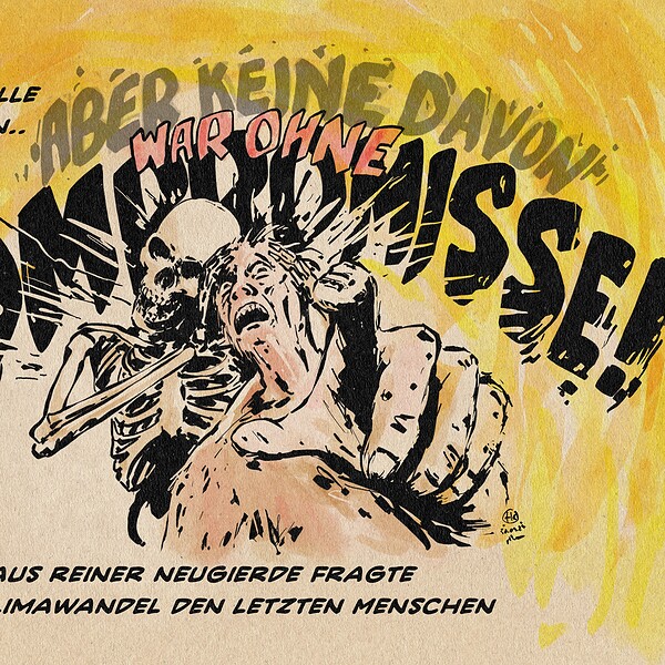 Klimawandel und Umweltzerstörung, kritische Illustration mit Skelett und Mensch.