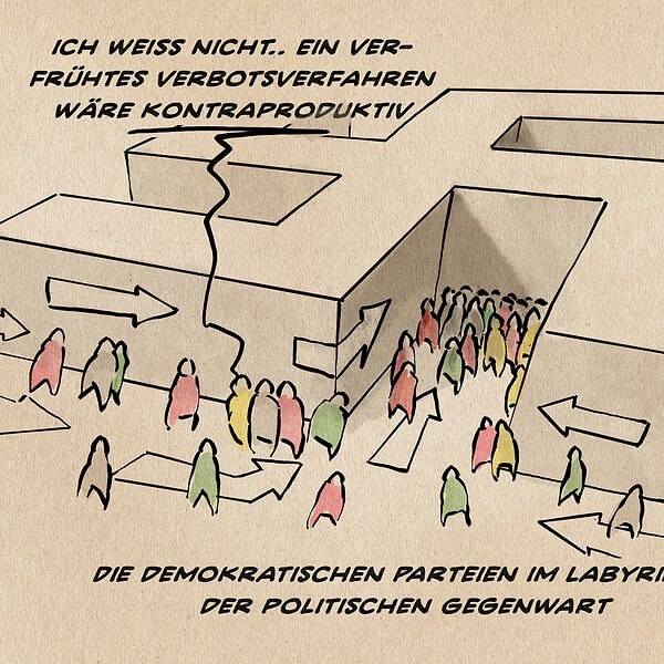 Karikatur zeigt demokratische Parteien im Labyrinth der politischen Gegenwart.