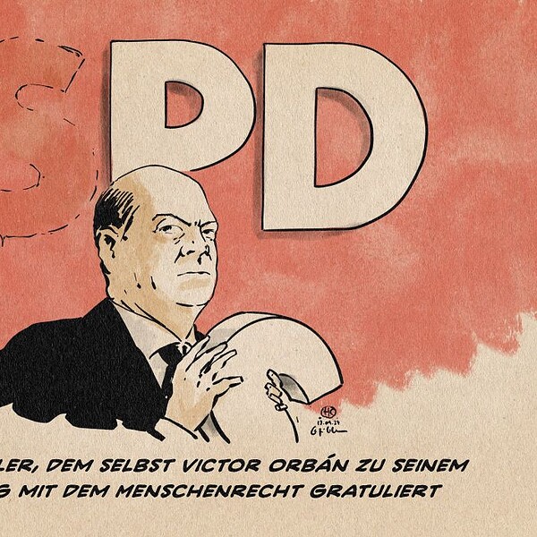 Karikatur eines Mannes mit den Buchstaben 'PD' im Hintergrund, politische Satire.