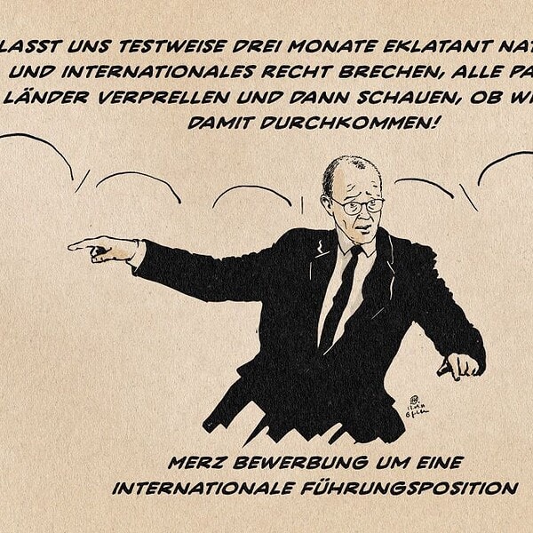 Karikatur eines Mannes, der auf einem Podest steht und spricht.
