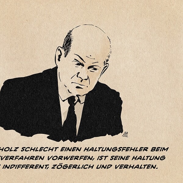 Karikatur eines nachdenklichen Mannes in Anzug, symbolisiert Indifferenz.