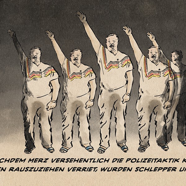 Historische Illustration von Polizisten mit erhobener Hand, symbolisch für Macht.