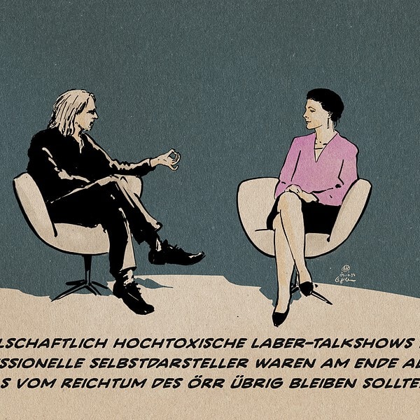 Zwei Frauen im Gespräch bei einer Talkshow, gesellschaftliche Kritik.