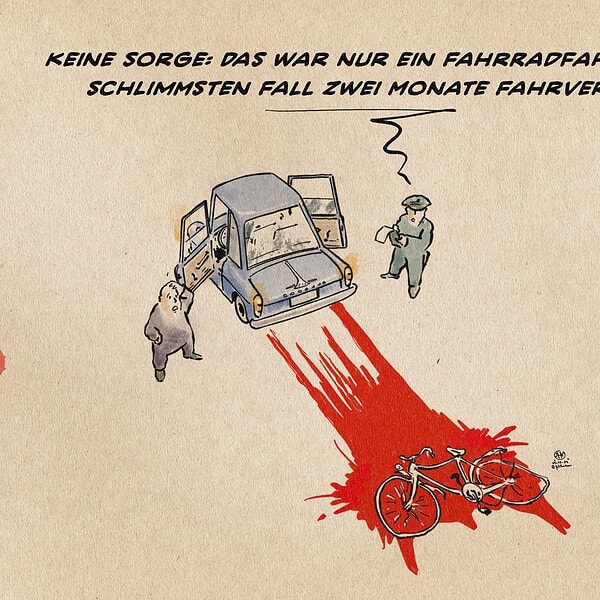 Fahrradunfall mit Blut und zwei Personen am Unfallort, humoristische Darstellung.