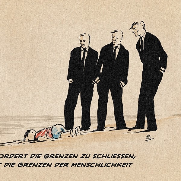 Karikatur zeigt drei Männer in Anzügen, die auf eine liegende Person zeigen.