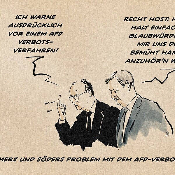 Karikatur mit zwei Männern, die über den AFD-Verbot sprechen.