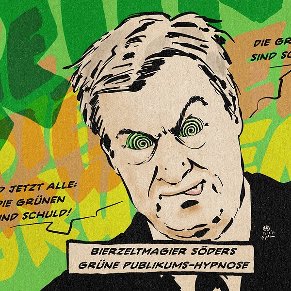 Karikatur eines Mannes mit grüner Hypnose, satirisch, passend zu 'Der Bierzeltmagier'.