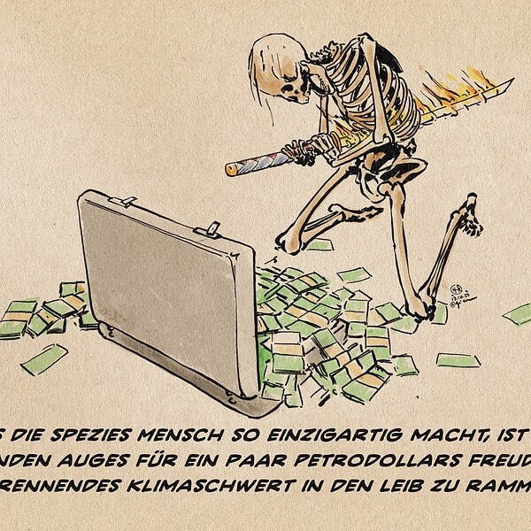 Skelett mit Feuerstab vor Koffer, umgeben von Geldscheinen, satirische Darstellung.