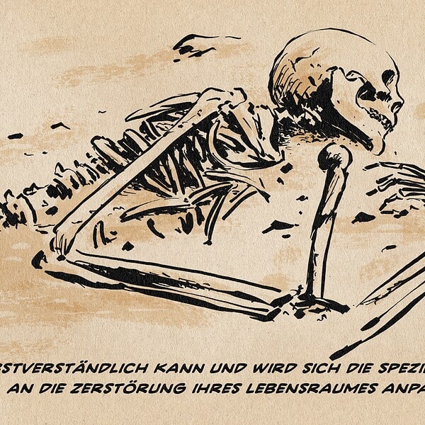 Illustration eines wie schlafend auf der Seite auf einem sandigem Boden liegendem Skelettes. Textzeile: Selbstverständlich kann und wird sich die Spezies Mensch an die Zerstörung ihres Lebensraumes anpassen