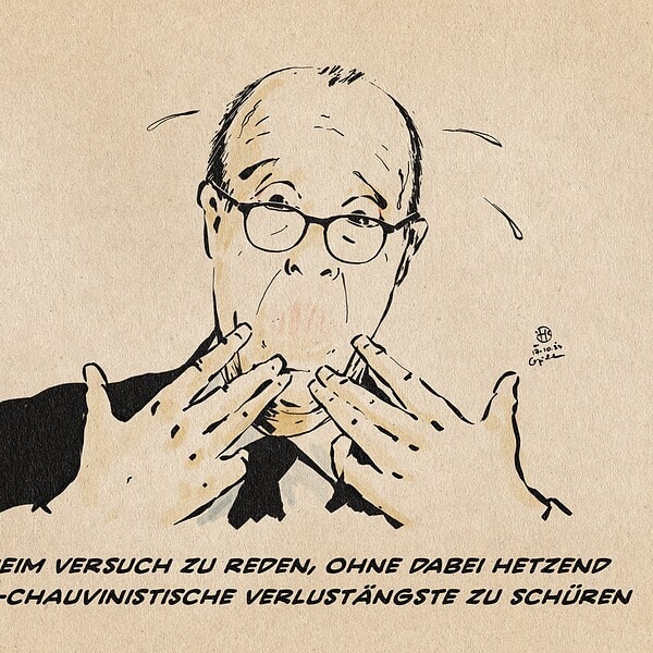 Illustration eines Merz, der sich erschrocken an das mundlose Gesicht fasst. Textzeile: Merz beim Versuch zu reden, ohne dabei hetzend Boomer-chauvinistische Verlustängste zu schüren.