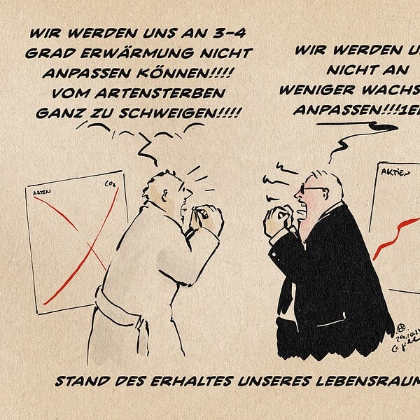 Illustration eines Wissenschaftlers und eines Bonzen, die laut und gestikulierend diskutieren. der Wissenschaftler sagt: wir werden uns an 3-4 Grad Erwärmung nicht anpassen können!!!! Vom Artensterben ganz zu Schweigen!!!!