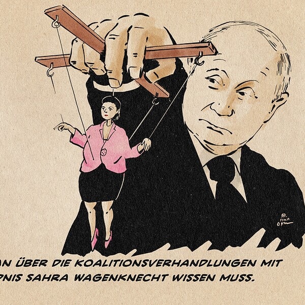 Illustration von Putin als Puppenspieler der Sahra Wagenknecht als Marionette führt. Textzeile: Alles was man über die Koalitionsverhandlungen mit dem Bündnis Sahra Wagenknecht wissen muss.