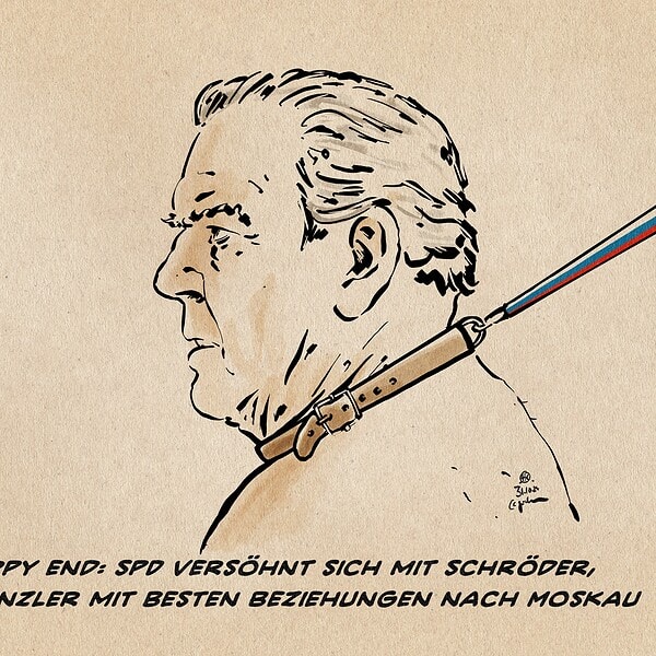 Illustration eines nackten Gerhard Schröder mit Halsband und Leine in den Farben Russlands. Textzeile: Happy End: SPD versöhnt sich mit Schröder, Altkanzler mit besten Beziehungen nach Moskau