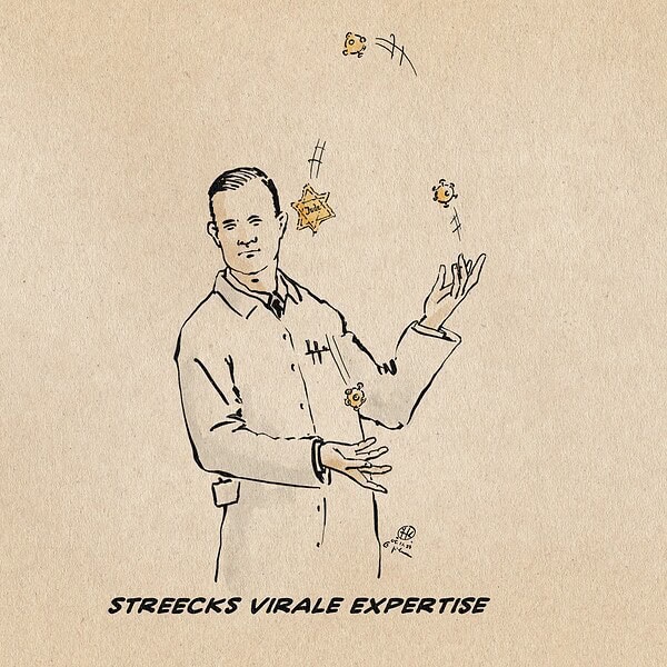 Illustration eines im Laborkittel jonglierenden Streeck. Er jongliert mit Viren und einem Judenstern. Textzeile: Streecks virale Expertise.