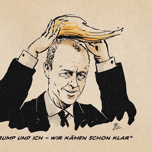 Illustration eines Merz, der sich wie eine Krone ein Toupet in Art der ikonograpfischen Trump-Frisur aufsetzt. Textzeile: „Trump und ich - wir kämen schon klar“