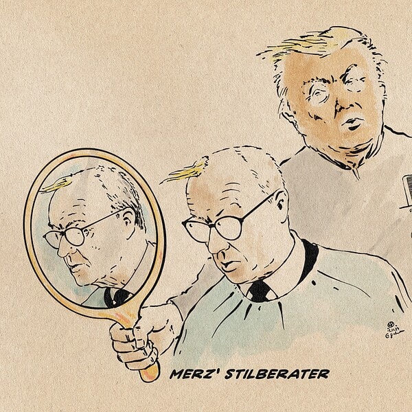 Illustration von Merz, der sich von Trump als Friseur eine Haarverlängerung an seine markant-schüttere Resthaarinsel auf der Stirn frisieren lies. Textzeile: Merz‘ Stilberater