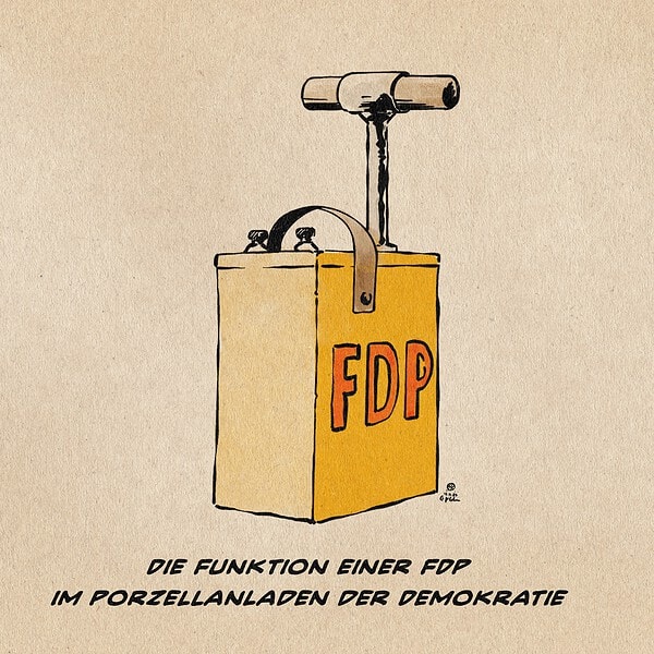 Illustration eines gelben mit FDP beschrifteten Detonators, einer Kiste mit Griff mit welcher Sprengladungen elektrisch gezündet werden. Textzeile: Die Funktion einer FDP im Porzellanladen der Demokratie