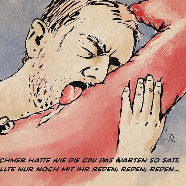 Illustration eines nacktem Kretschmer, der schwitzend an einem zärtzlich gehaltenen überdimensionalem aufgeblasenem AFD Logopfeil leckt. Textzeile: Kretschmer hatte wie die CDU das Warten so satt, Er wollte nur noch mit ihr reden, reden, reden