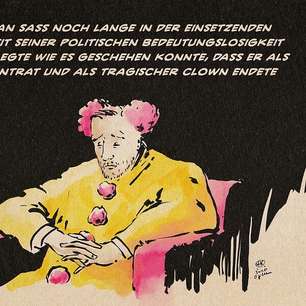 Illustration eines Christian Lindner vor dunklem Hintergrund ratlos starrend im Clownskostüm. Textzeile darüber: Christian saß noch lange in der einsetzenden Dunkelheit seines politischen Abgrunds und überlegte wie es geschehen konnte, dass er als Joker antrat und als tragischer Clown endete