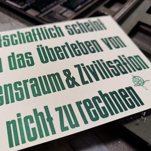 Foto eines Musterdrucks. Der Text lautet: Wirtschaftlich scheint sich das Überleben von Lebensraum & Zivilisation nicht zu rechnen.