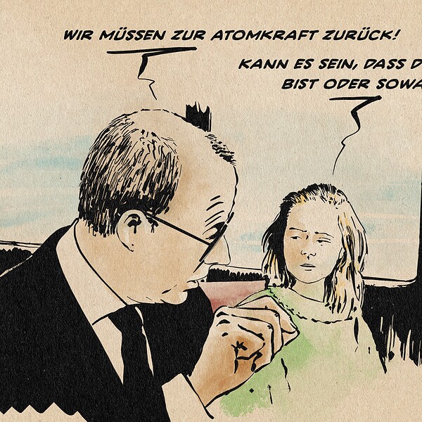 Illustration Adaption der bekannten Dialogszene des Filmes Forrest Gump im Schulbus. Merz erklärt: Wir müssen zur Atomkraft zurück! Jenny antwortet mit ihrer berühmten Dialogzeile: Kann es sein, dass du Dumm bist oder sowas?