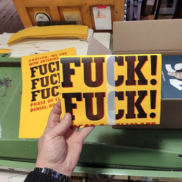 Foto des in das gelbe Einbandpostereingeschlagenen Buches. Man liest groß die Wörter Fuck! Fuck! des Postertextes.