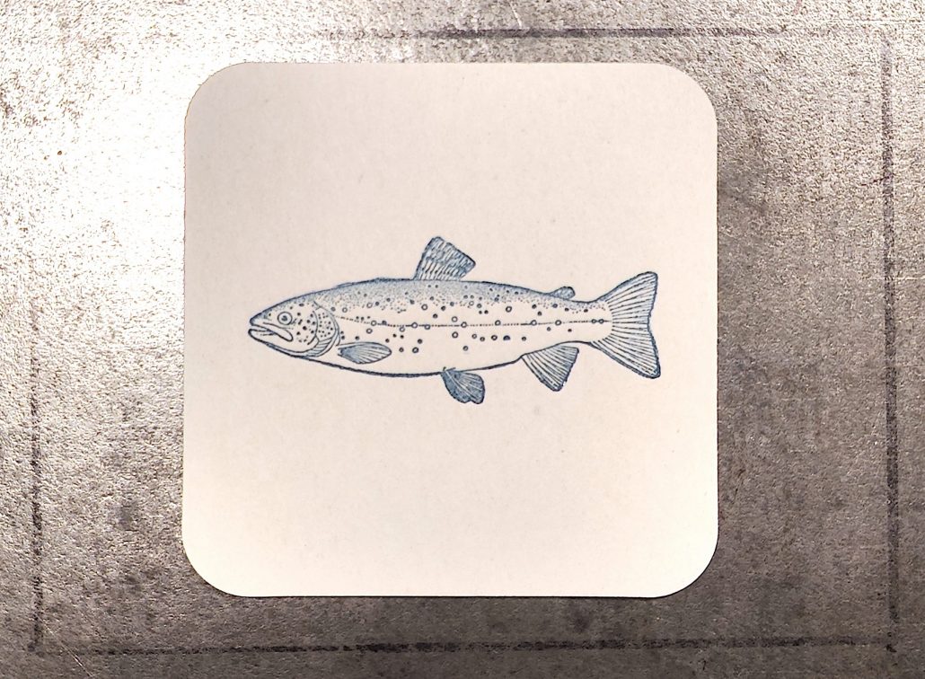 Zeichnung eines Lachses auf einer Karte, passend zum Thema Lachs.