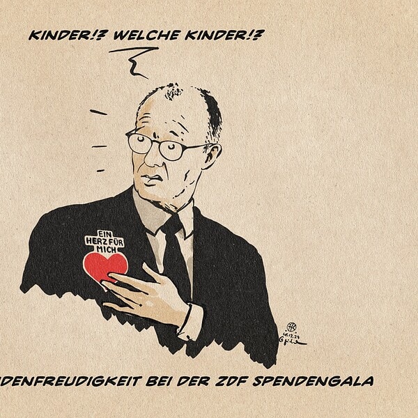 Illustration von Herrn Merz, der indigniert zu einem Gegenüber ausserhalb des Bildrandes schauend zärtlich mit der Hand eine Ein Herz für Mich Abwandlung des bekannten Ein Herz für Kinder Aufklebers auf der Brust befühlend. Er sagt: Kinder!? Welche Kinder!? textzeile: Merz Spendenfreudigkeit bei der ZDF Spendengala