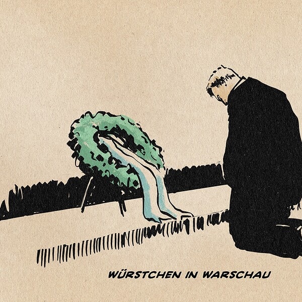 Illustration wie Söder Willy Brandts Kniefall in Warschau imitiert. Textzeile: Würstchen in Warschau.