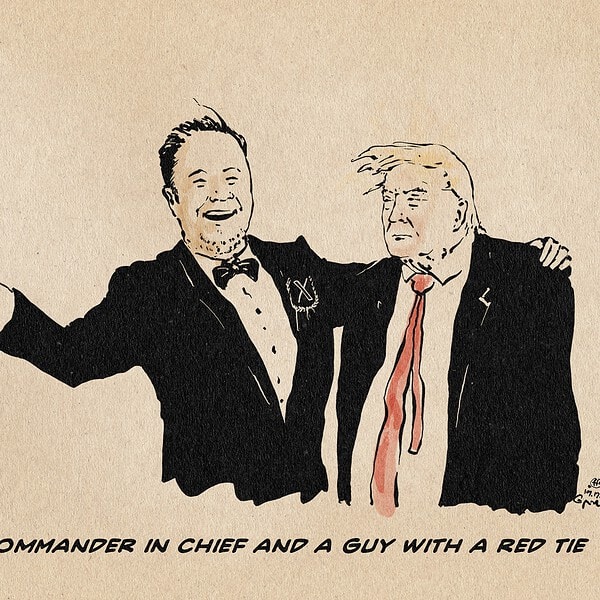 Illustration eines fröhlichen Elon Musk, der freudig einen ältlichen Donald Trump präsentiert. Textzeile: Commander in chief and a guy with a red tie