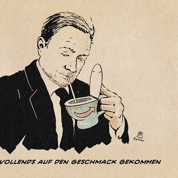 Illustration von Lindner, der genüßlich mit einem Strohhalm aus einer Tasse in Form einer Toilettenschüssel mit AfD Logo trinkt. Textzeile: Lindner ist vollends auf den Geschmack gekommen.