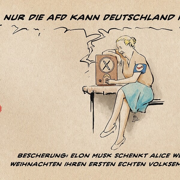 Illustration einer Alice Weidel, die verzückt an der Senderwahl eines Volksempfängers dreht, an welchen sie sich innig lehnt. Aus dem mit dem Logo von X, ehemals Twitter verziertem Volksempfänger tönt es: Nur die AfD kann Deutschland retten. Textzeile: Bescherung: Elon Musk schenkt Alice Weidel zu Weihnachten ihren erstennechtennVolksempfänger