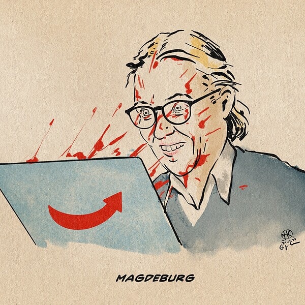 Illustration einer begeistert in einen Monitor blickenden Frau Weidel. der Monitor ist mit einem AfD Logo bestückt. Aus dem Monitor spritzt Blut ins Gesicht von Frau Weidel. Textzeile: Magdeburg