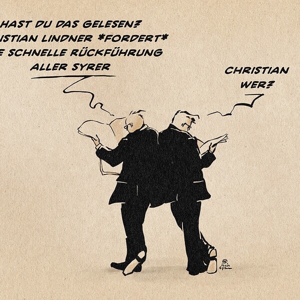 Illustration zweier aneinander gelehnter in ihre Lektüren vertiefte Zeitungsleser. Der eine sagt: Hast du das gelesen? Christian Lindner *fordert* eine schnelle Rückführung aller Syrer. Der andere entgegnet: Christian wer?